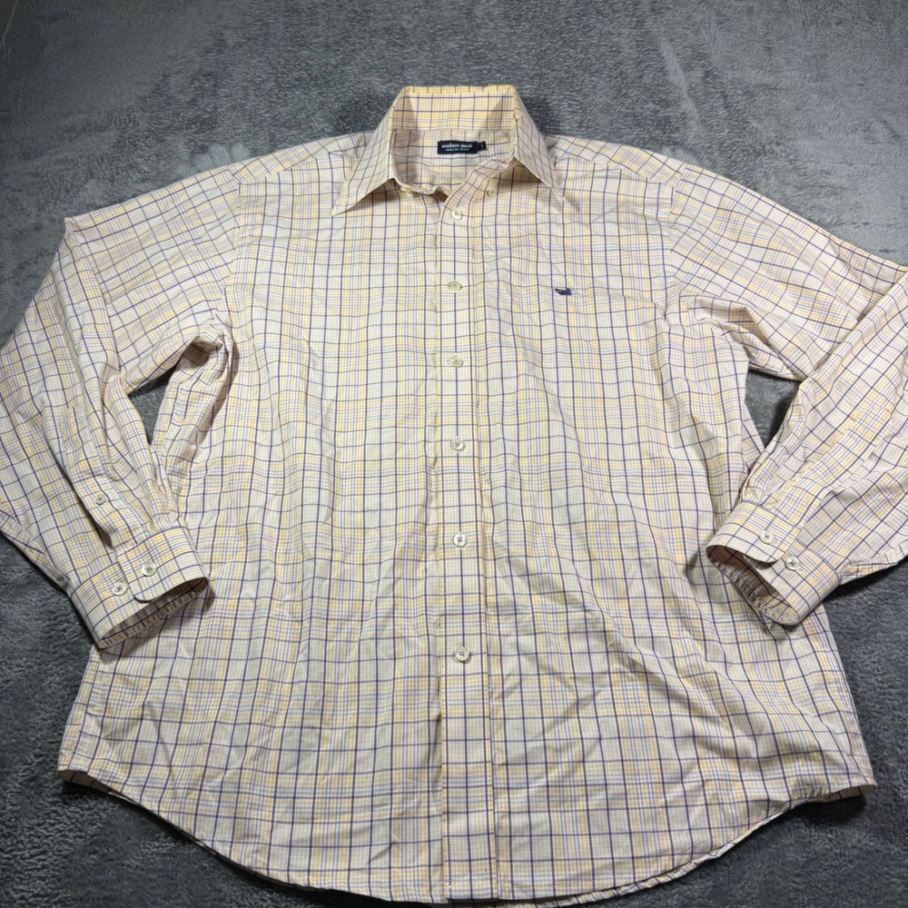 Southern Marsh Mens Large Plaid Button Down Shirt Yellow Purple Wrinkle Free L